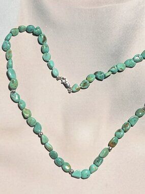 Natural Baroque Turquoise Gemstones and Silver Beads Necklace.